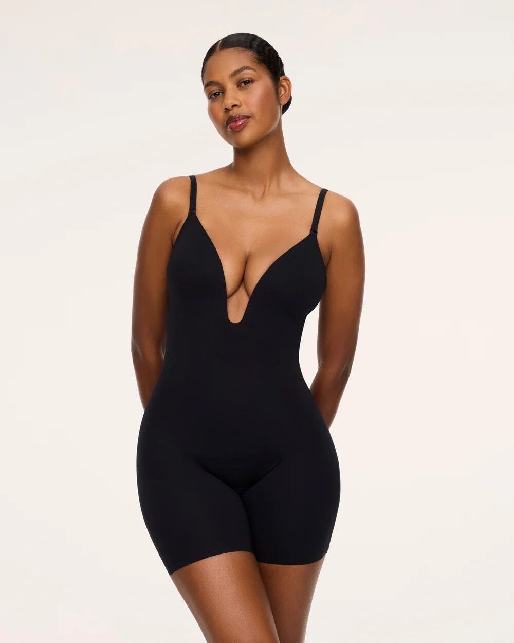 Spanx Suit Your Fancy Plunge Low-Back Mid-Thigh Bodysuit Black Size Large